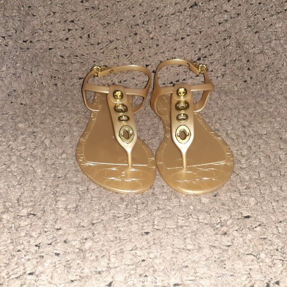 COACH-Phila-Gold Jelly Thong Sandals-T-Strap/Ankle Strap Buckle-Sz 8B-Near Mint - Picture 3 of 8
